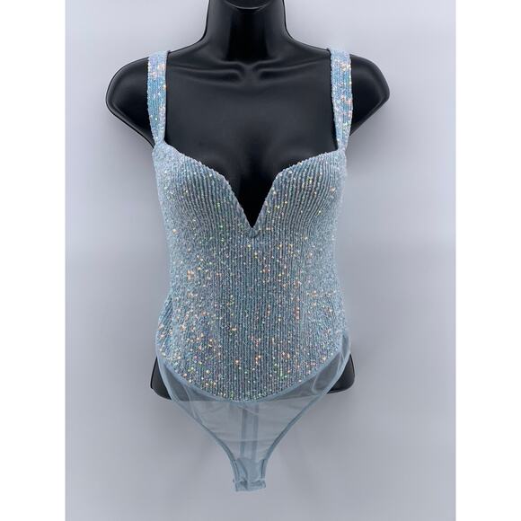 Free People Tops - FREE PEOPLE Women's Light Blue Sequin Sheer Sparks Fly Corset Bodysuit SZ S